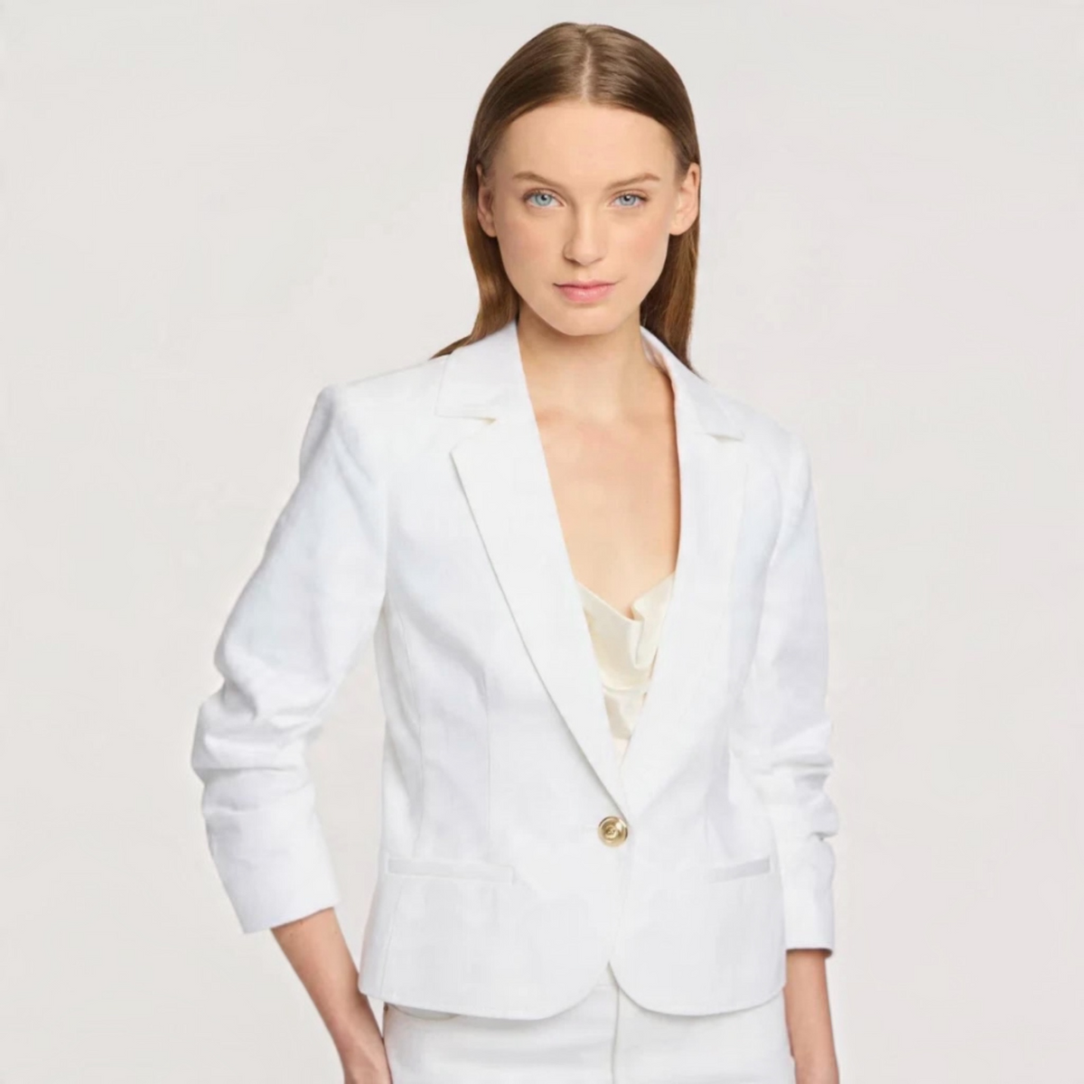Cinq à Sept Le Petit Khloe White Denim Blazer Gold Button Size 10