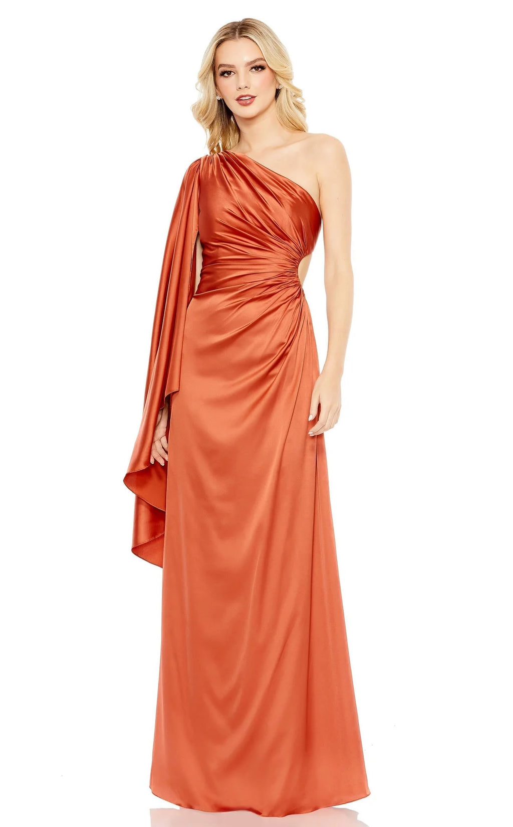 Mac Duggal 68340 Asymmetrical One Side Cape Sleeve Ruching Detail Waist Cut Out Satin Dress Rust Sz 4 $598