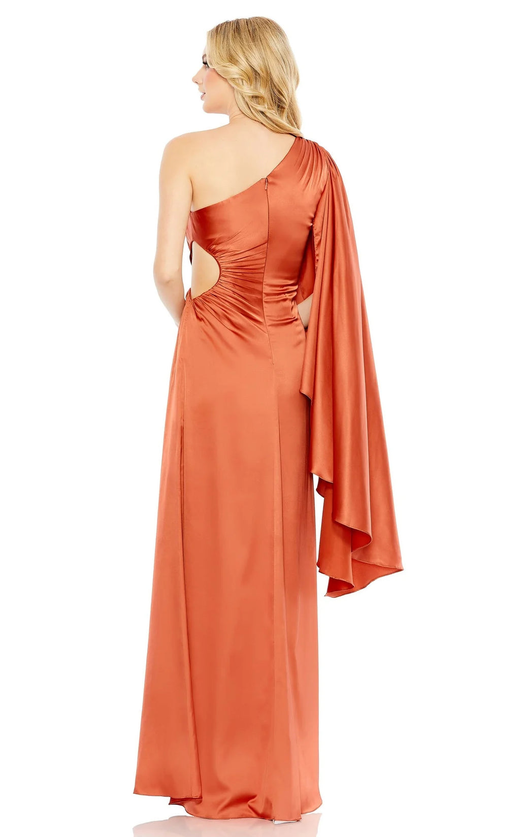 Mac Duggal 68340 Asymmetrical One Side Cape Sleeve Ruching Detail Waist Cut Out Satin Dress Rust Sz 4 $598