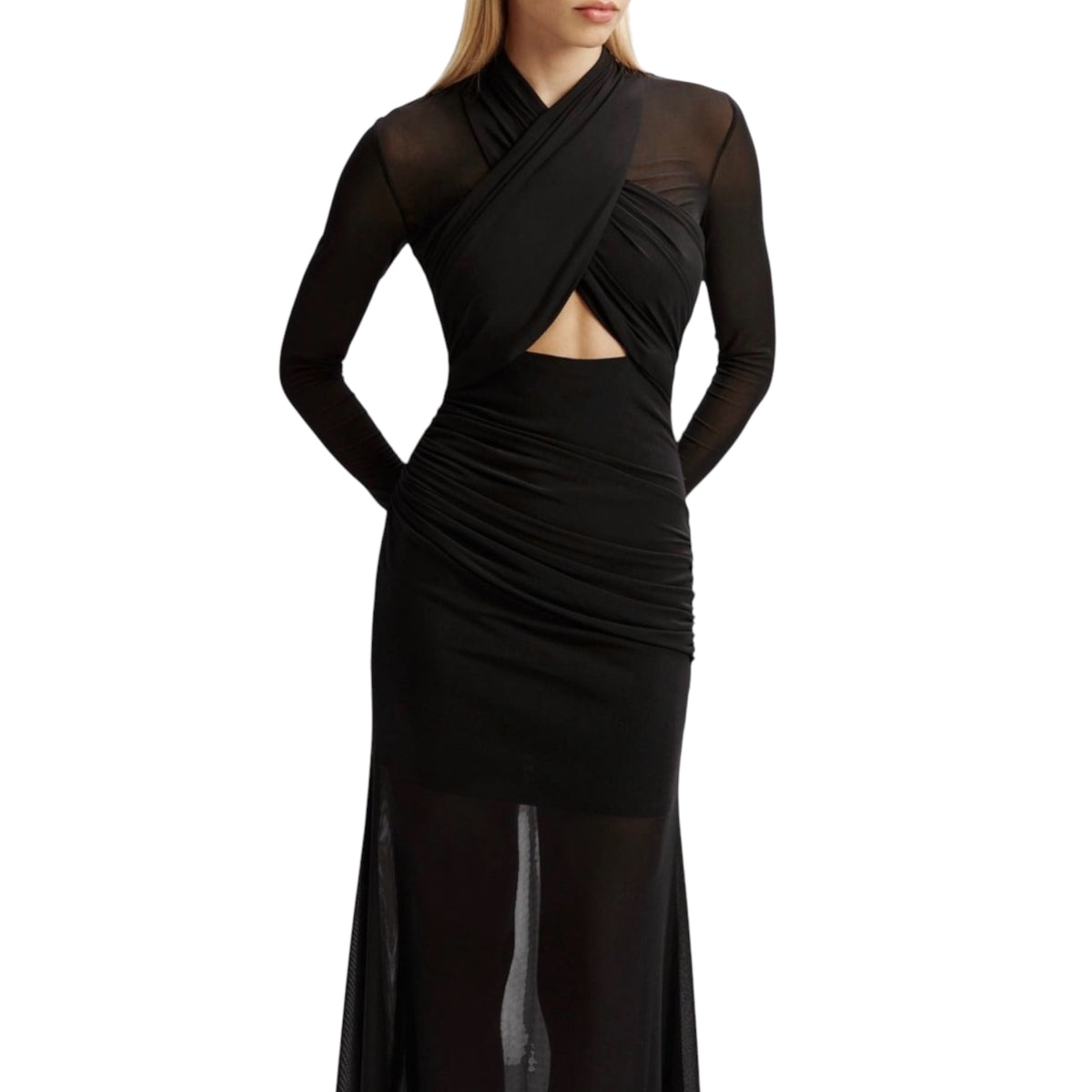 Bardot Veria Front Wrap Long Sleeve Mesh Gown Black Ruched Cutout Dress Size 6
