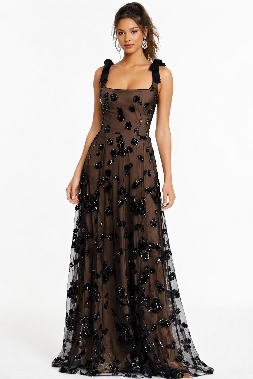Dress The Population Sequin Floral Illusion Tulle Gown Sz Small $498