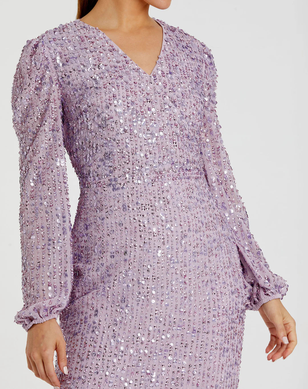 Mac Duggal
Lavender  Illusion Puff Sleeve V Neck Midi Dress 107641 $298