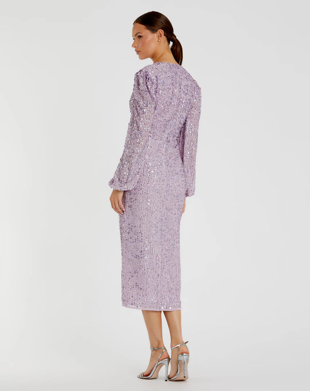 Mac Duggal
Lavender  Illusion Puff Sleeve V Neck Midi Dress 107641 $298