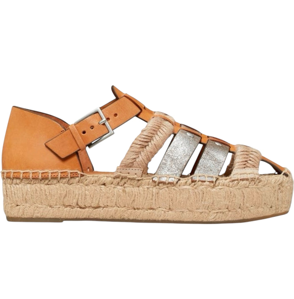 Tory Burch Fisherman Platform Espadrille Sandals Tan Silver Size 7