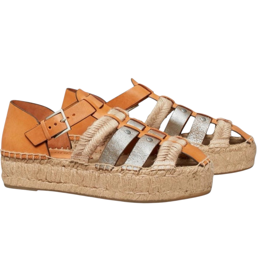 Tory Burch Fisherman Platform Espadrille Sandals Tan Silver Size 7