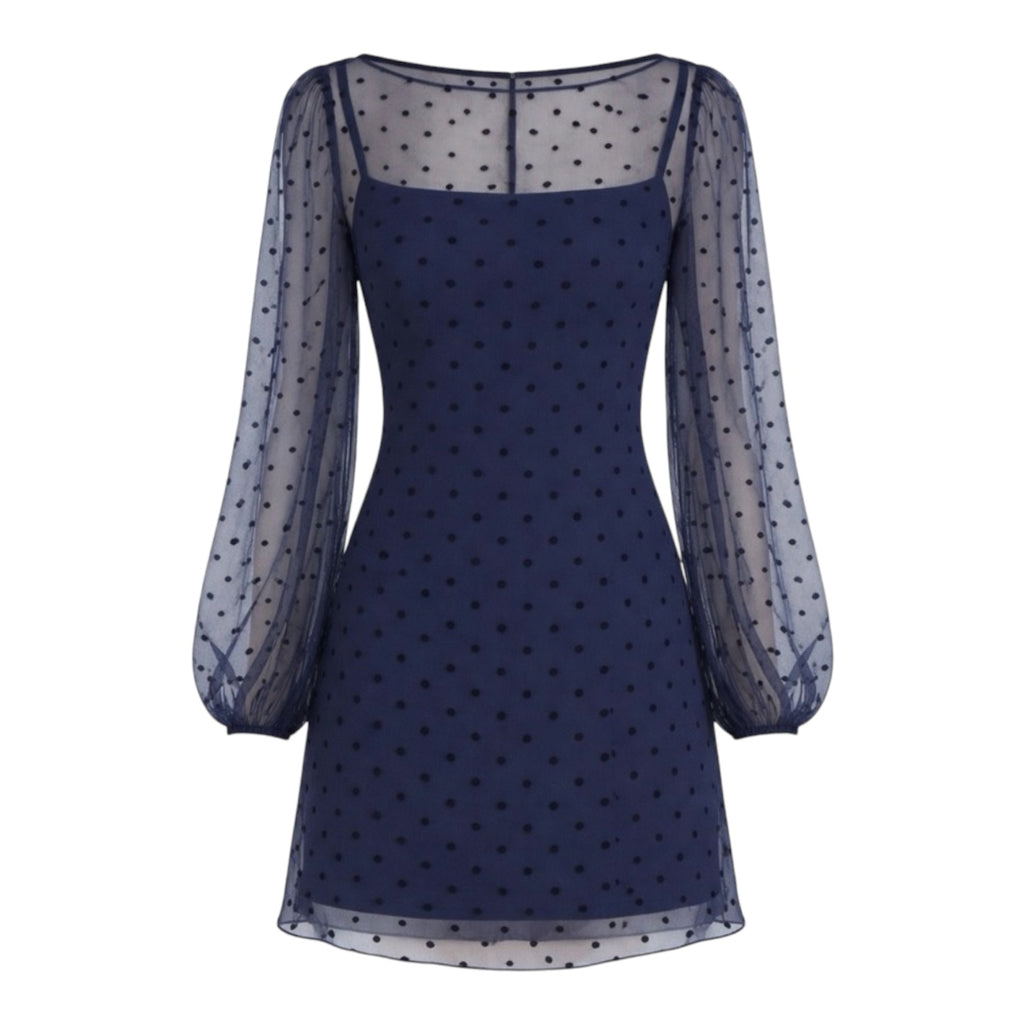 Amanda Uprichard Navy Sheer Polka Dot Mini Dress Keyhole Back Long Sleeve Small $248