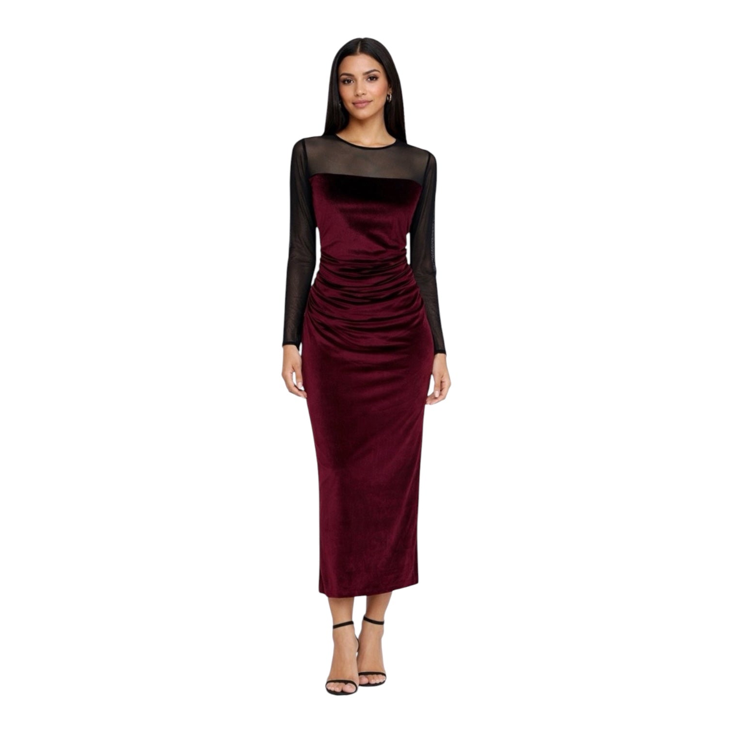 Amanda Uprichard Burgundy Velvet Mesh Midi Dress Ruched Long Sleeve Small