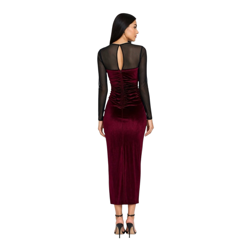 Amanda Uprichard Burgundy Velvet Mesh Midi Dress Ruched Long Sleeve Small