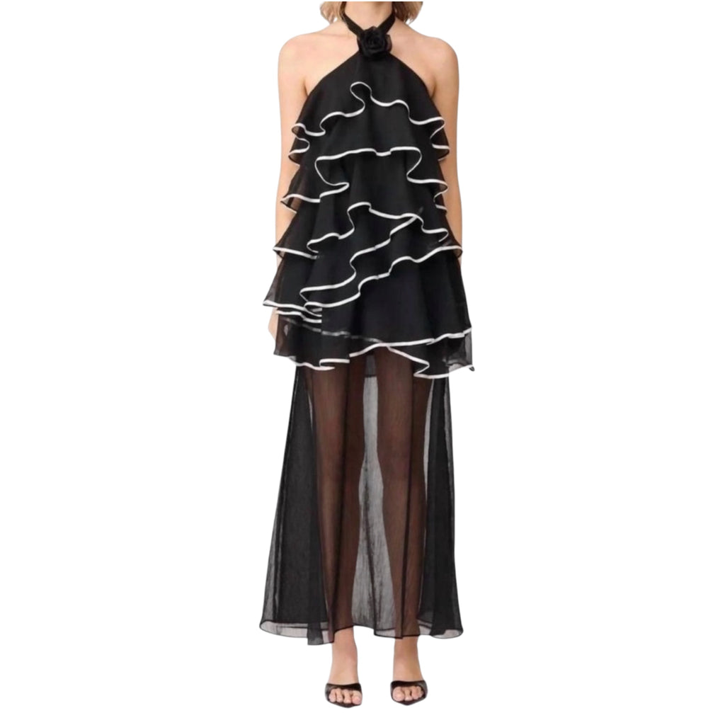 Elliatt Melissa Halter Maxi Dress Black Tiered Ruffle Gown 3X