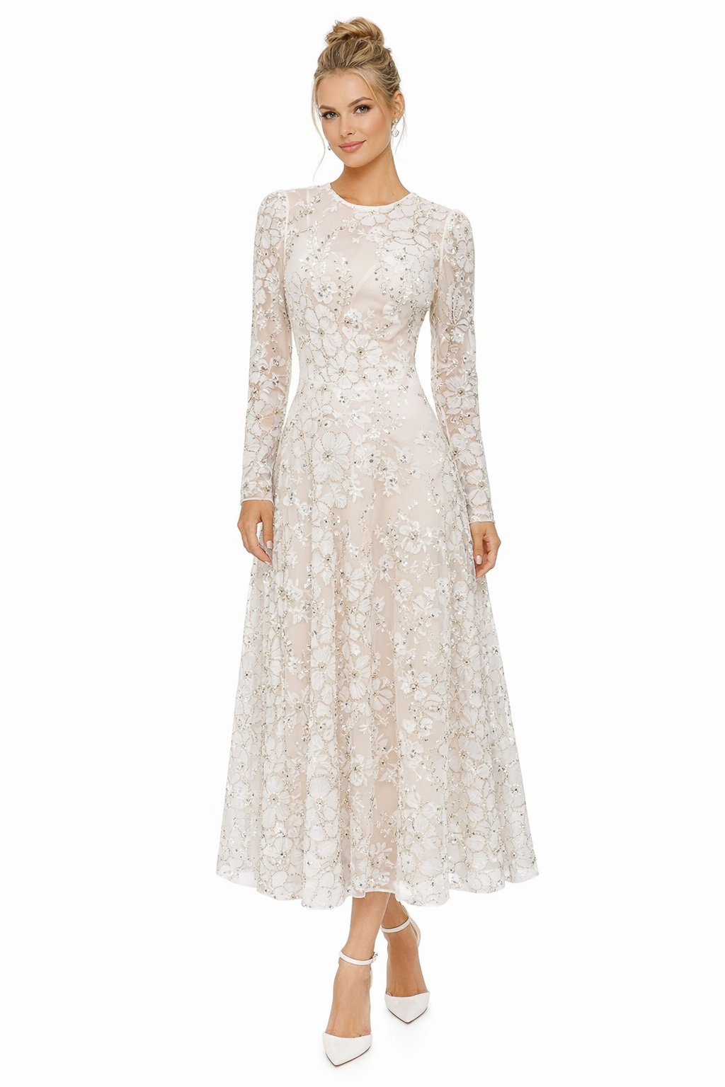 Dress the Population White Embellished Tea-Length Midi Dress • Size Small $498