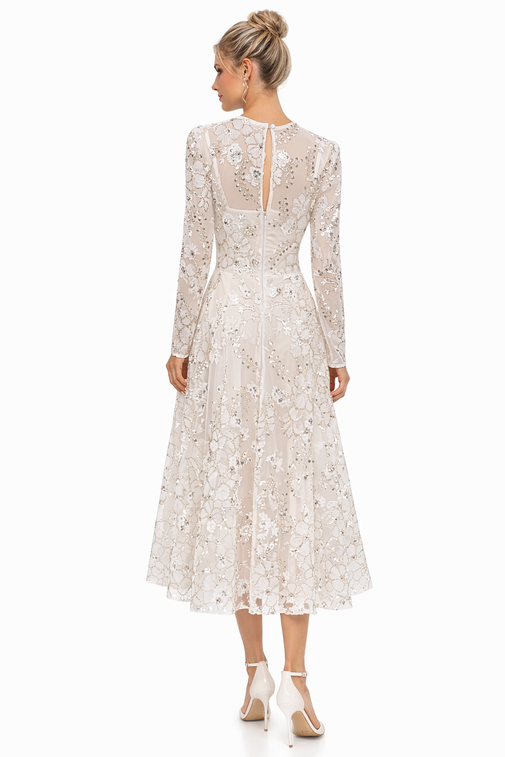 Dress the Population White Embellished Tea-Length Midi Dress • Size Small $498