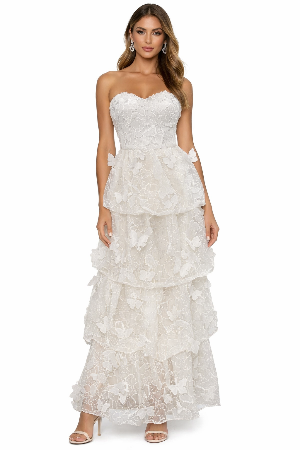 Dress the Population White 3D Butterfly Strapless Tiered Gown XS $498