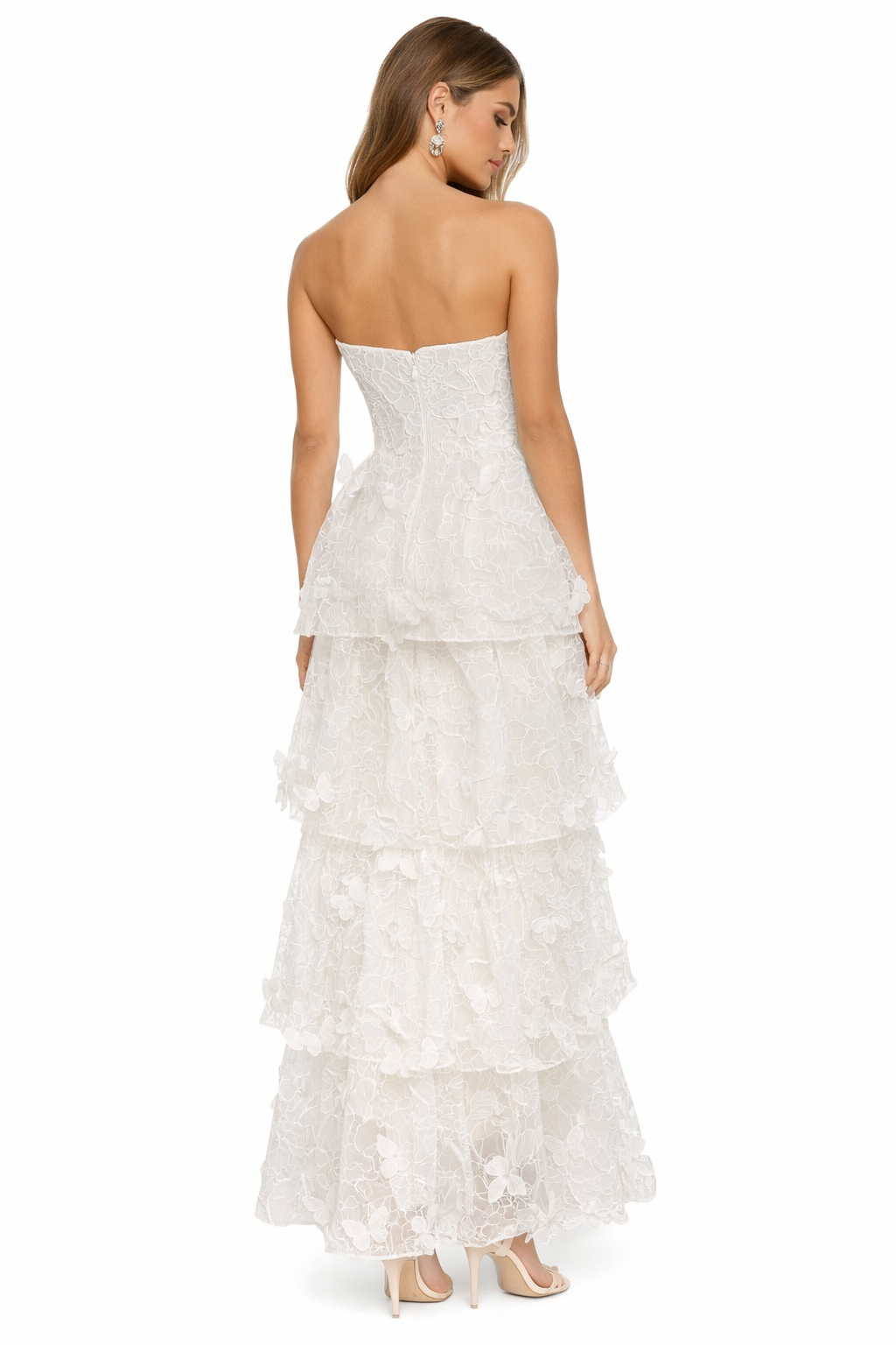 Dress the Population White 3D Butterfly Strapless Tiered Gown XS $498