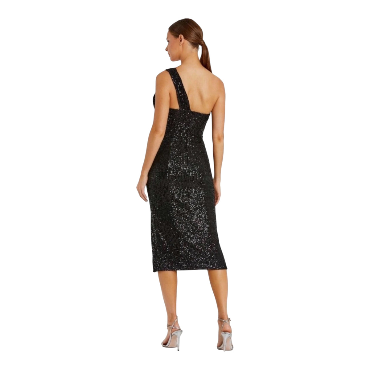 Ieena for Mac Duggal 11286 Black Sequin One Shoulder Bow Midi Dress Size 0