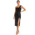 Ieena for Mac Duggal 11286 Black Sequin One Shoulder Bow Midi Dress Size 0