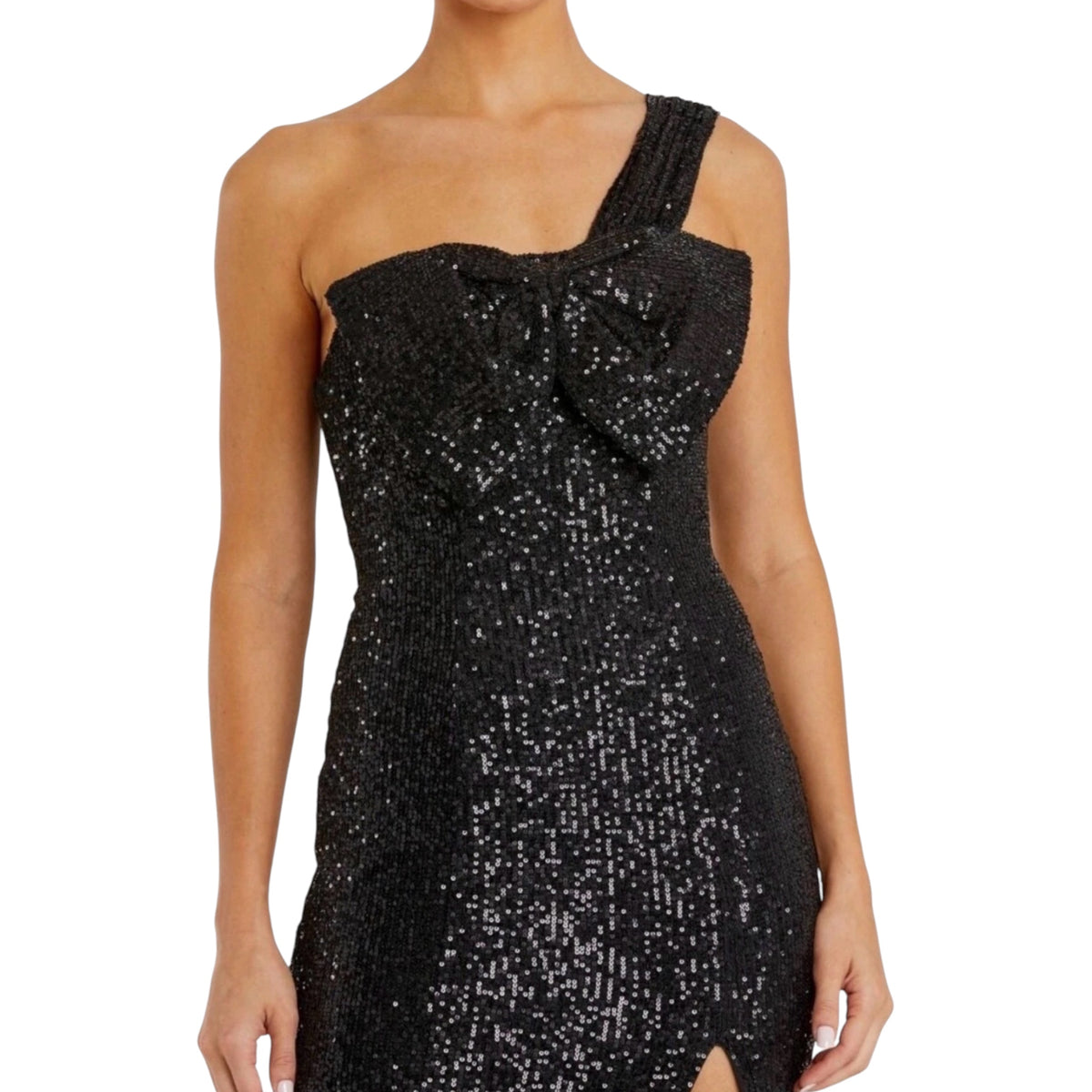 Ieena for Mac Duggal 11286 Black Sequin One Shoulder Bow Midi Dress Size 0