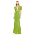 Mac Duggal Plunge Neck Puff Sleeve Cut Out Gown Apple Green