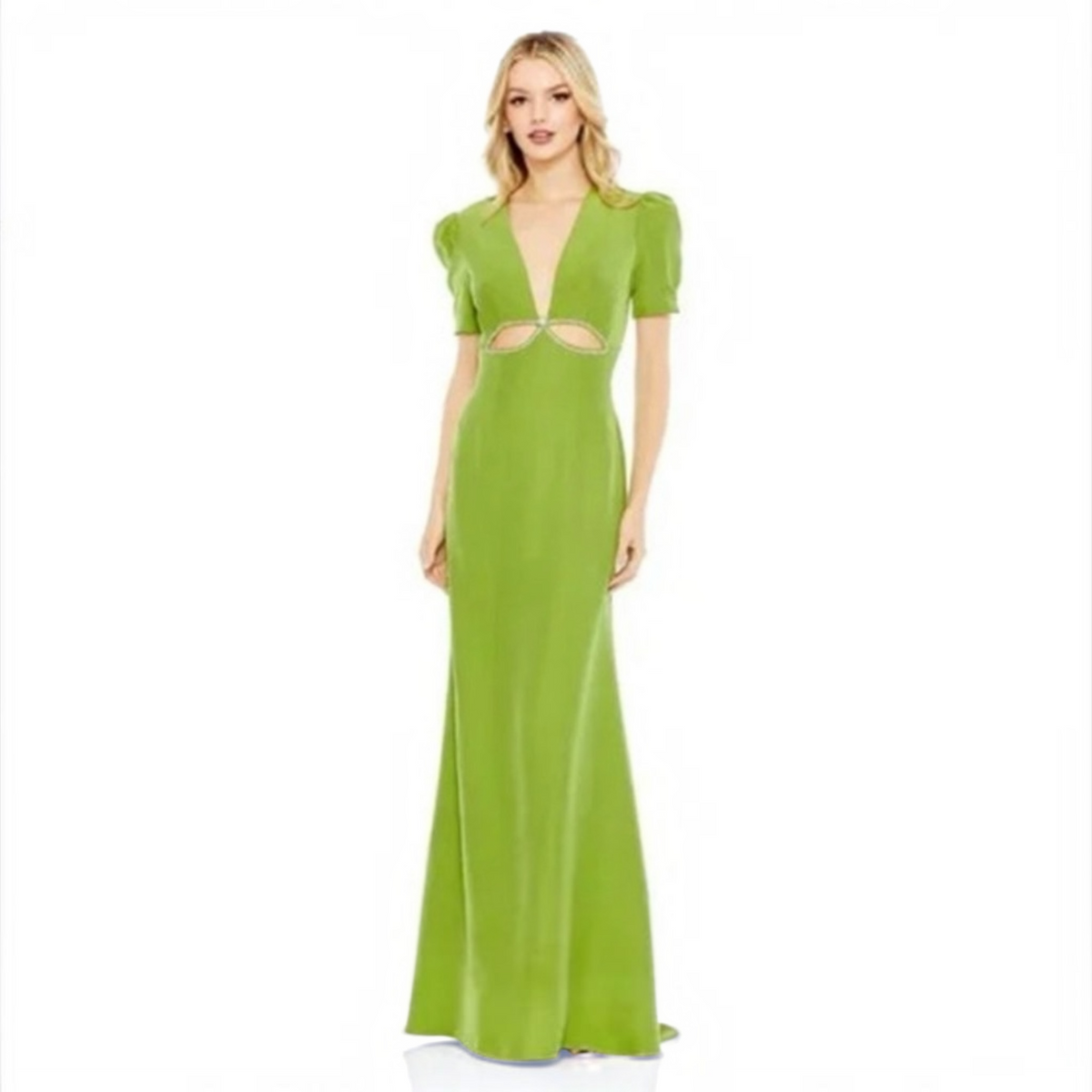 Mac Duggal Plunge Neck Puff Sleeve Cut Out Gown Apple Green