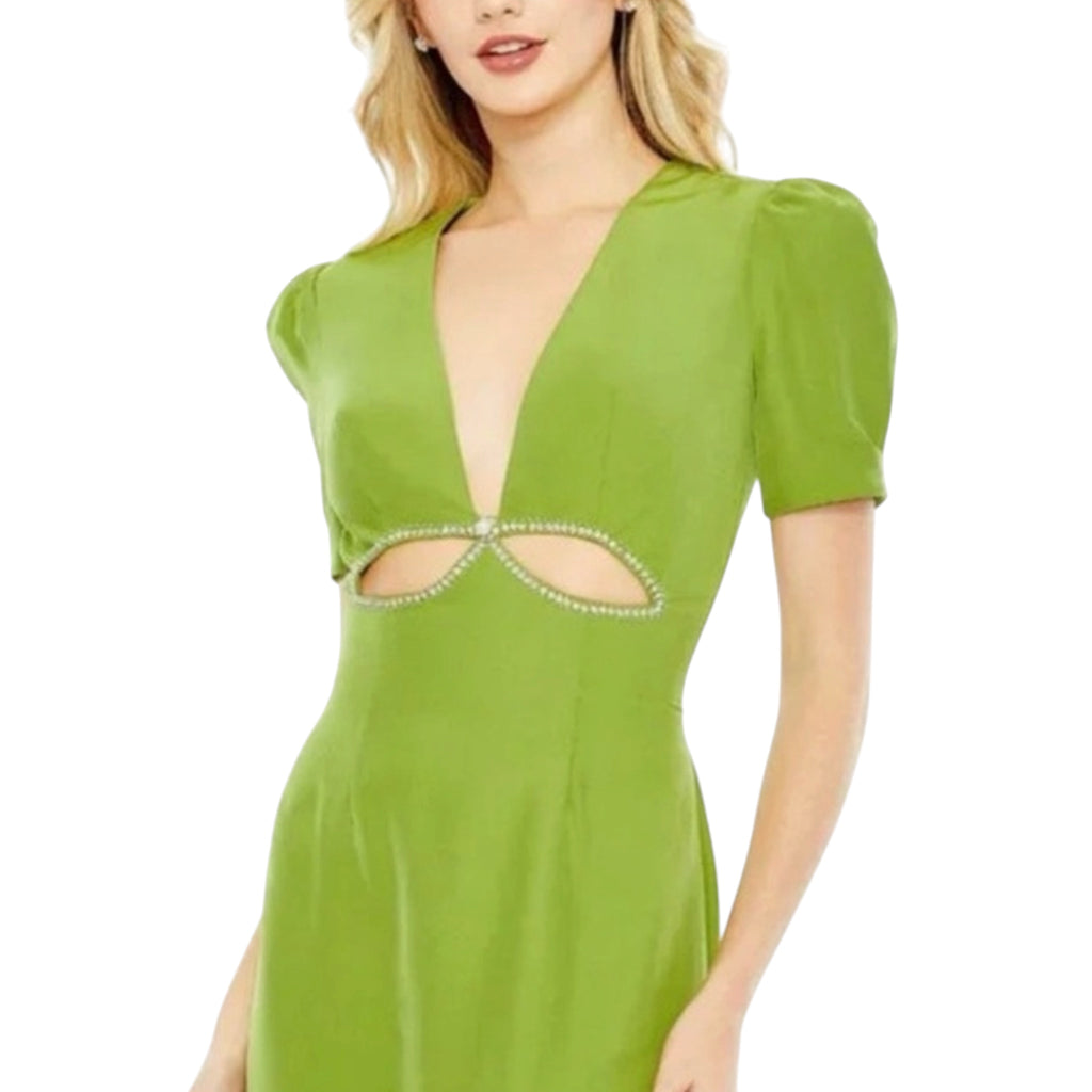 Mac Duggal Plunge Neck Puff Sleeve Cut Out Gown Apple Green