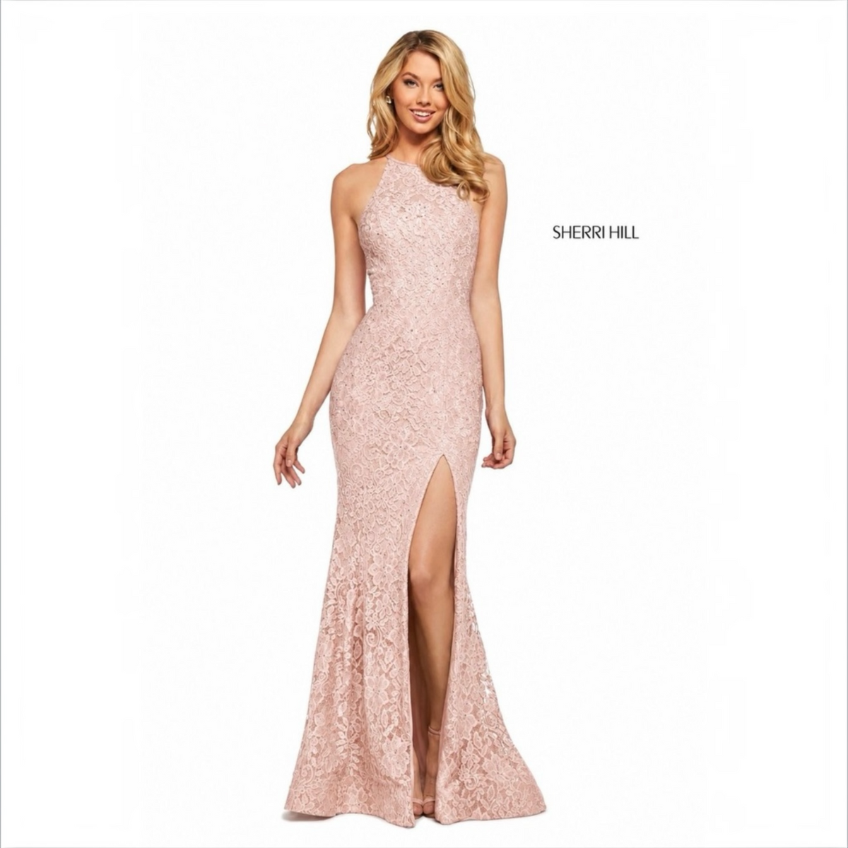 Sherri Hill 53361 Blush Lace Halter Gown High Slit Rhinestone Dress Size 8