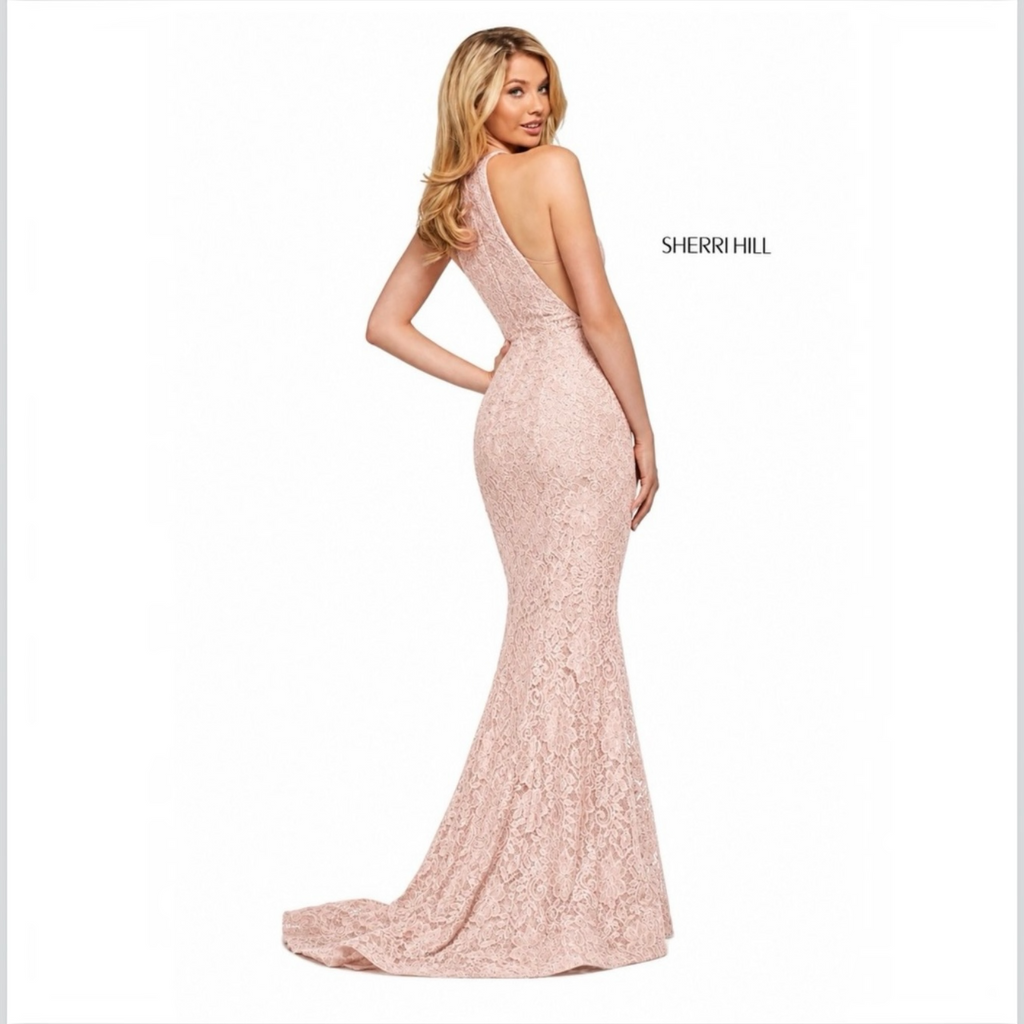 Sherri Hill 53361 Blush Lace Halter Gown High Slit Rhinestone Dress Size 8
