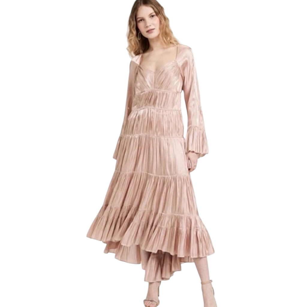 Cinq à Sept Nina Metallic Satin High-Low Dress Travertine Size 6