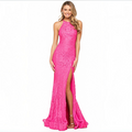 Sherri Hill 53361 Bright Pink Beaded Lace Halter Gown Dress Size 10