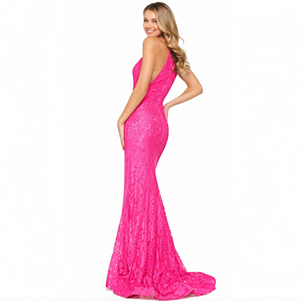 Sherri Hill 53361 Bright Pink Beaded Lace Halter Gown Dress Size 10