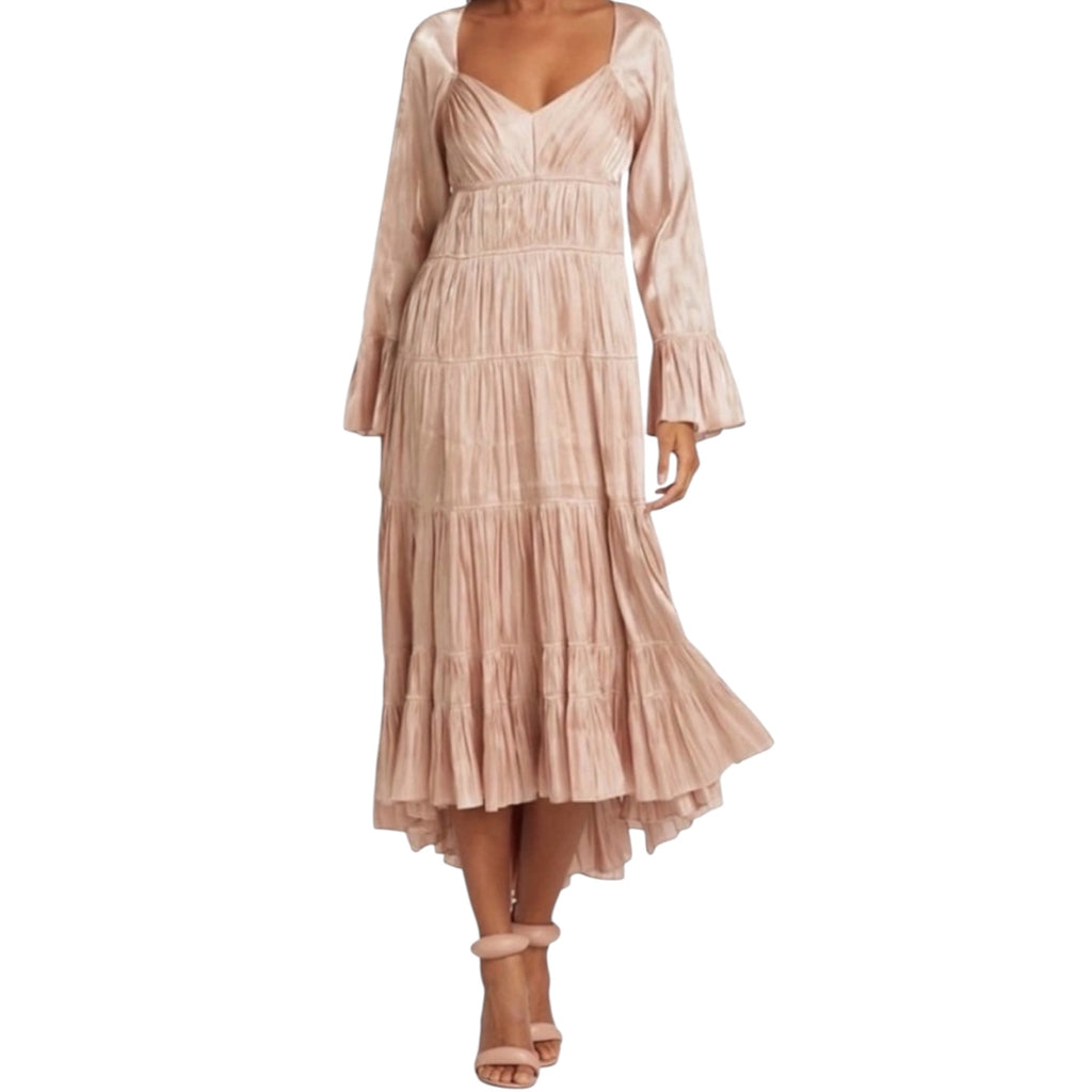 Cinq à Sept Nina Metallic Satin High-Low Dress Travertine Size 6