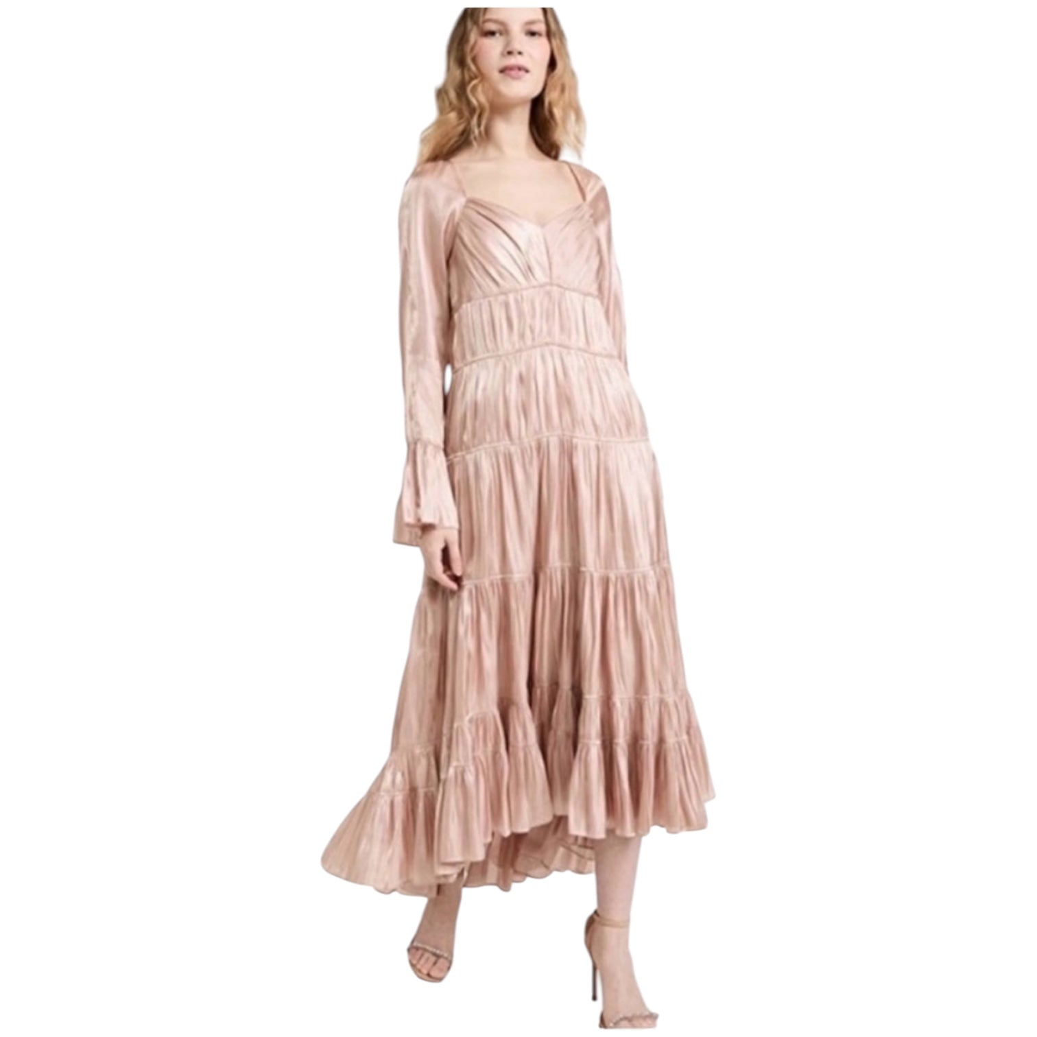 Cinq à Sept Nina Metallic Satin High-Low Dress Travertine Size 6