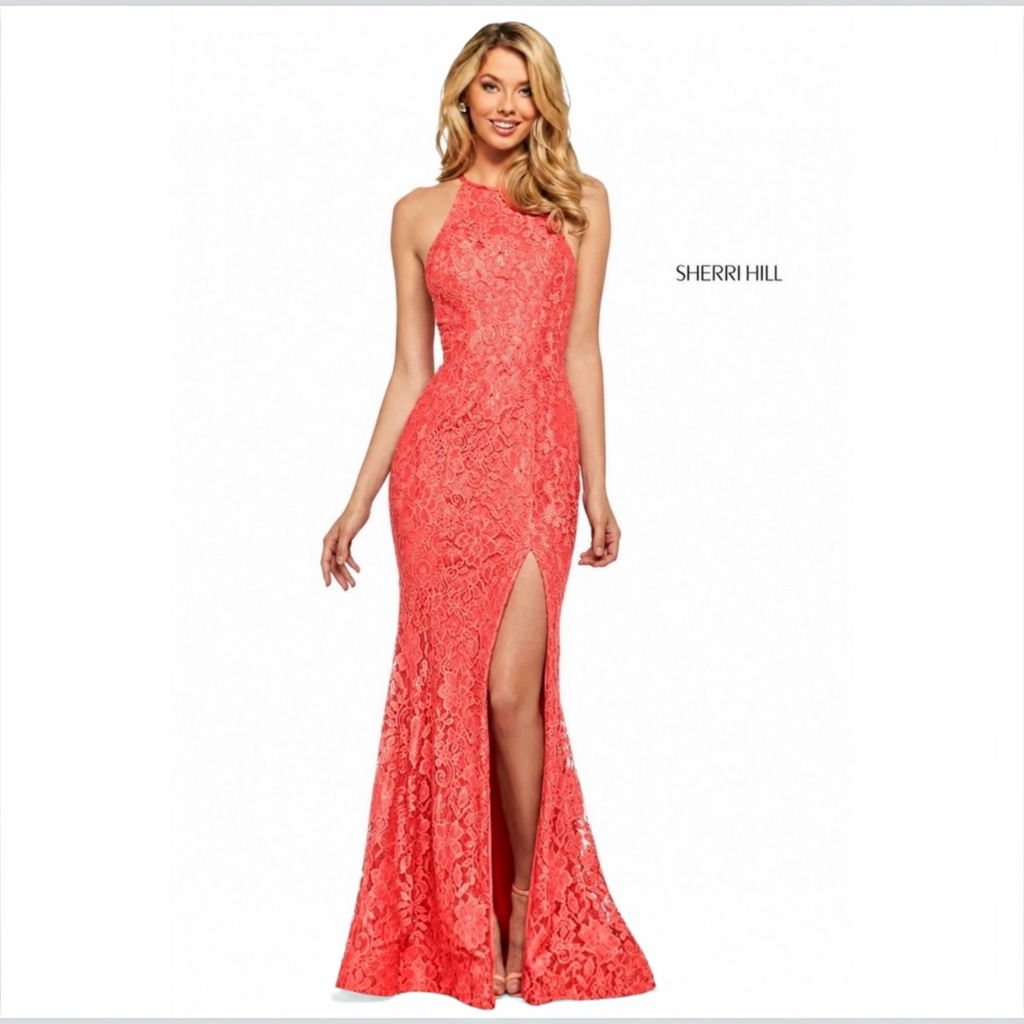 Sherri Hill 53361 Coral Stretch Lace High Slit Halter Gown Dress Size 8