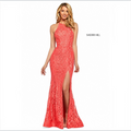 Sherri Hill 53361 Coral Stretch Lace High Slit Halter Gown Dress Size 8
