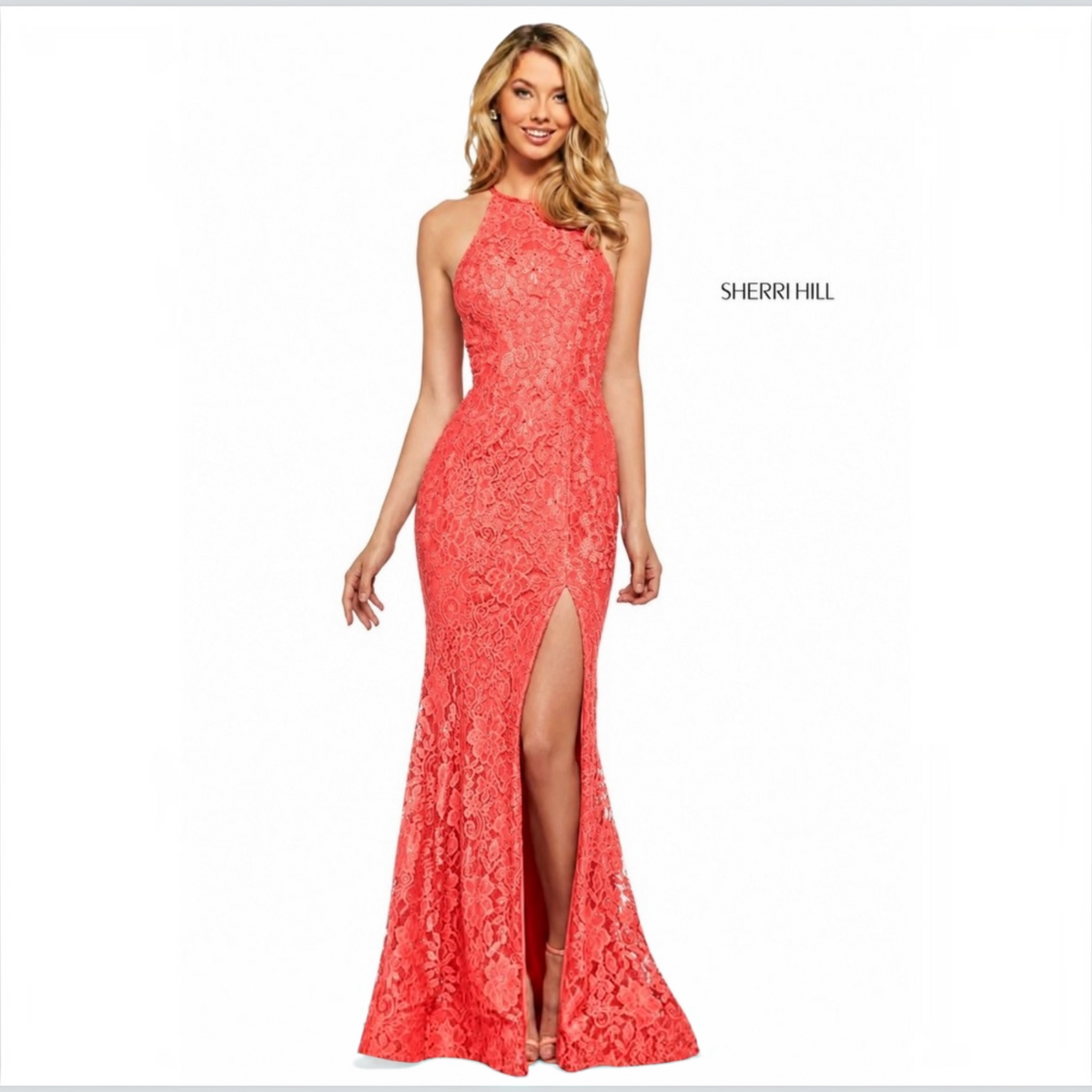 Sherri Hill 53361 Coral Stretch Lace High Slit Halter Gown Dress Size 8