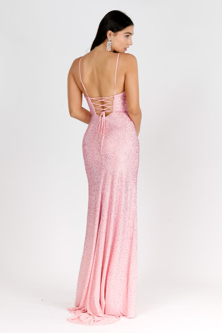 Vienna Prom V-7940 Pink Rhinestone Slit Gown NWT Size 6