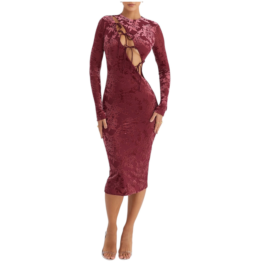 Mistress Rocks Mahogany Devoré Velvet Midi Dress Size XS