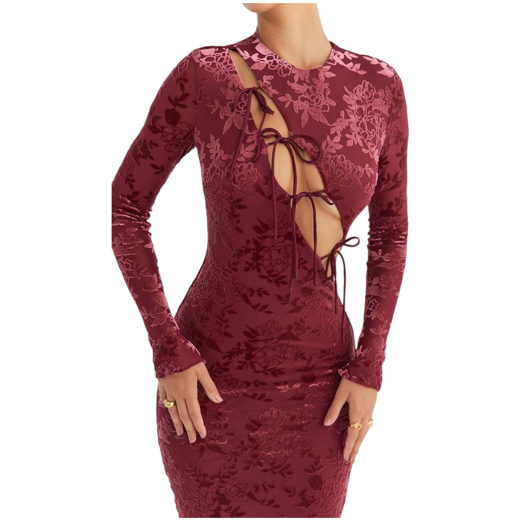 Mistress Rocks Mahogany Devoré Velvet Midi Dress Size XS