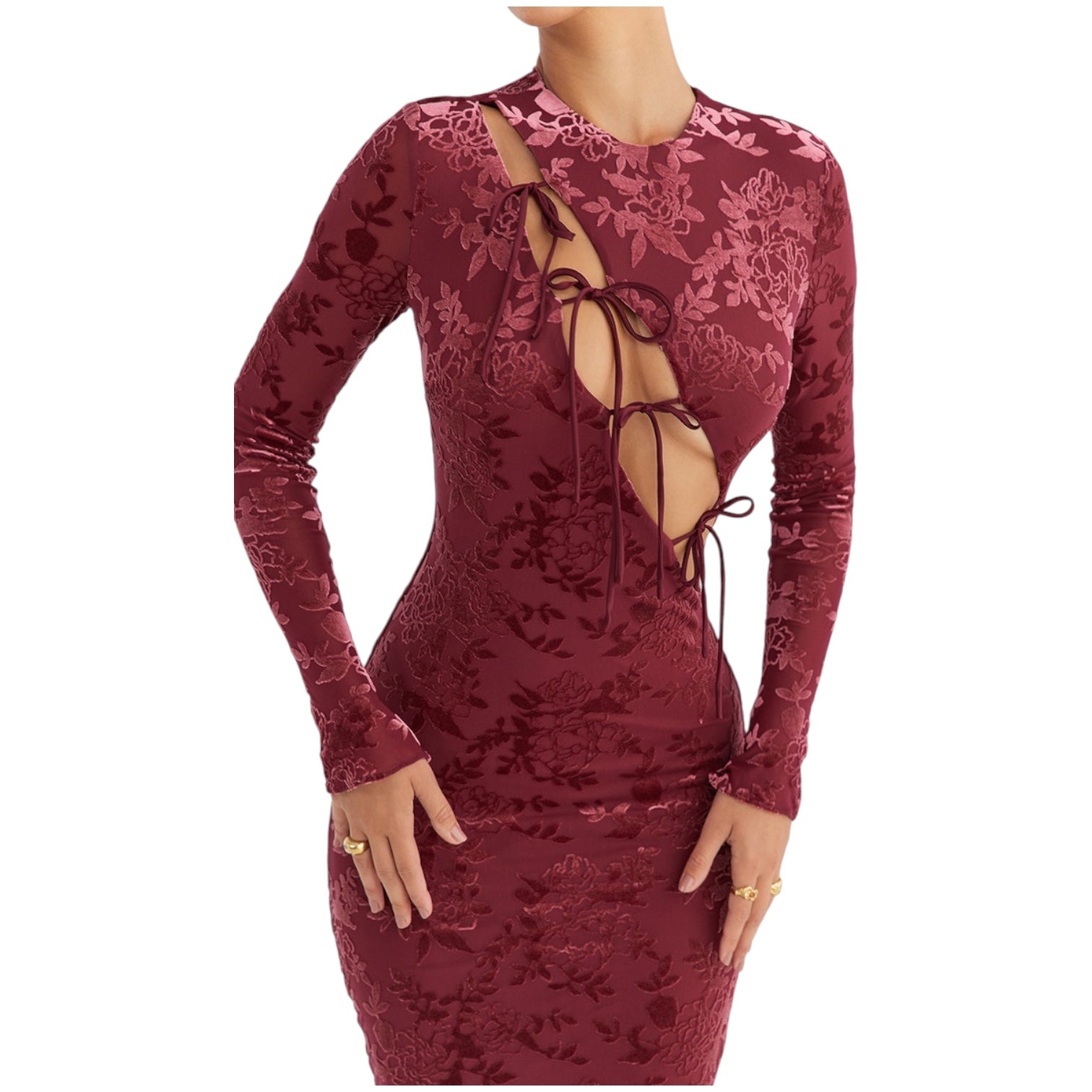 Mistress Rocks Mahogany Devoré Velvet Midi Dress Size XS