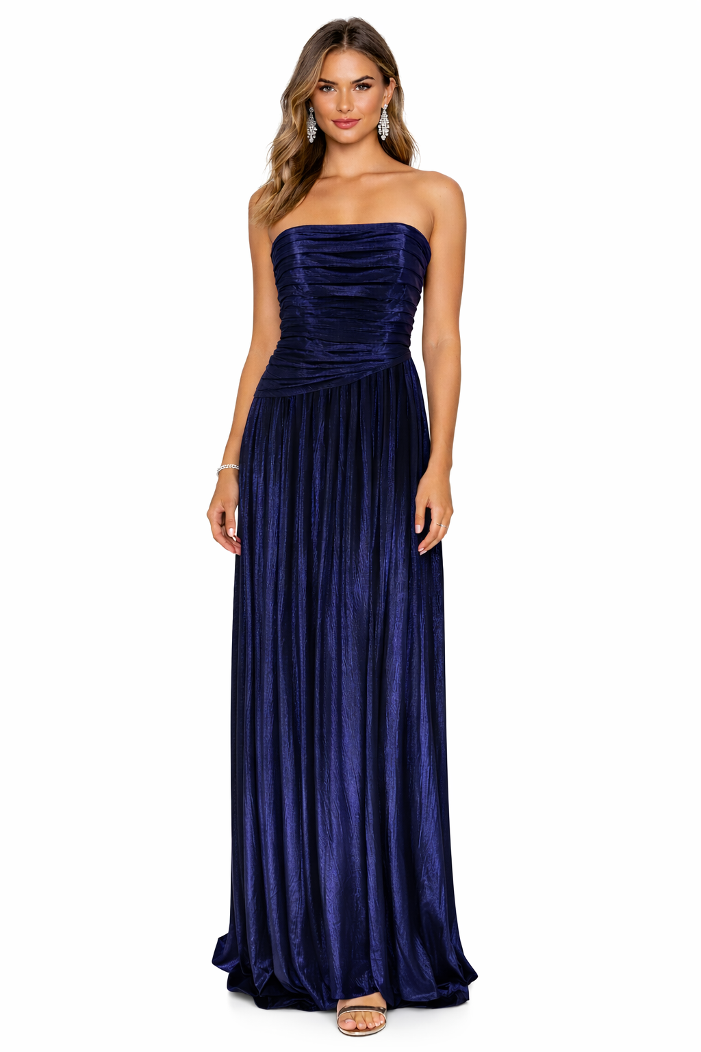 Retrofête Navy Strapless Metallic Pleated Gown Size Small $695