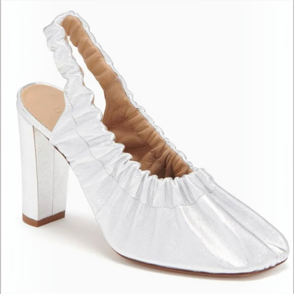 Ulla Johnson Lucia Leather Ruched High Heel in Silver 37 US 7