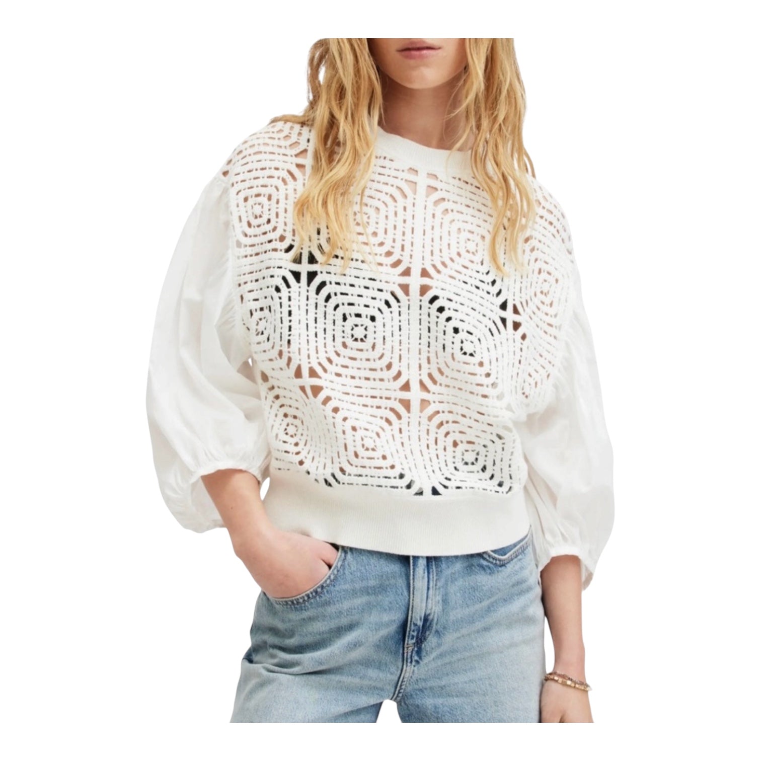 All Saints Sol Mixed Media Lace Top in Chalk Sz XS