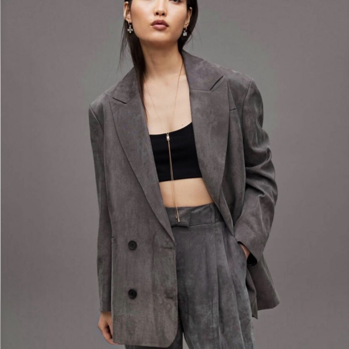All Saints Elle Double Breasted Lightweight Blazer Grey Sz 8