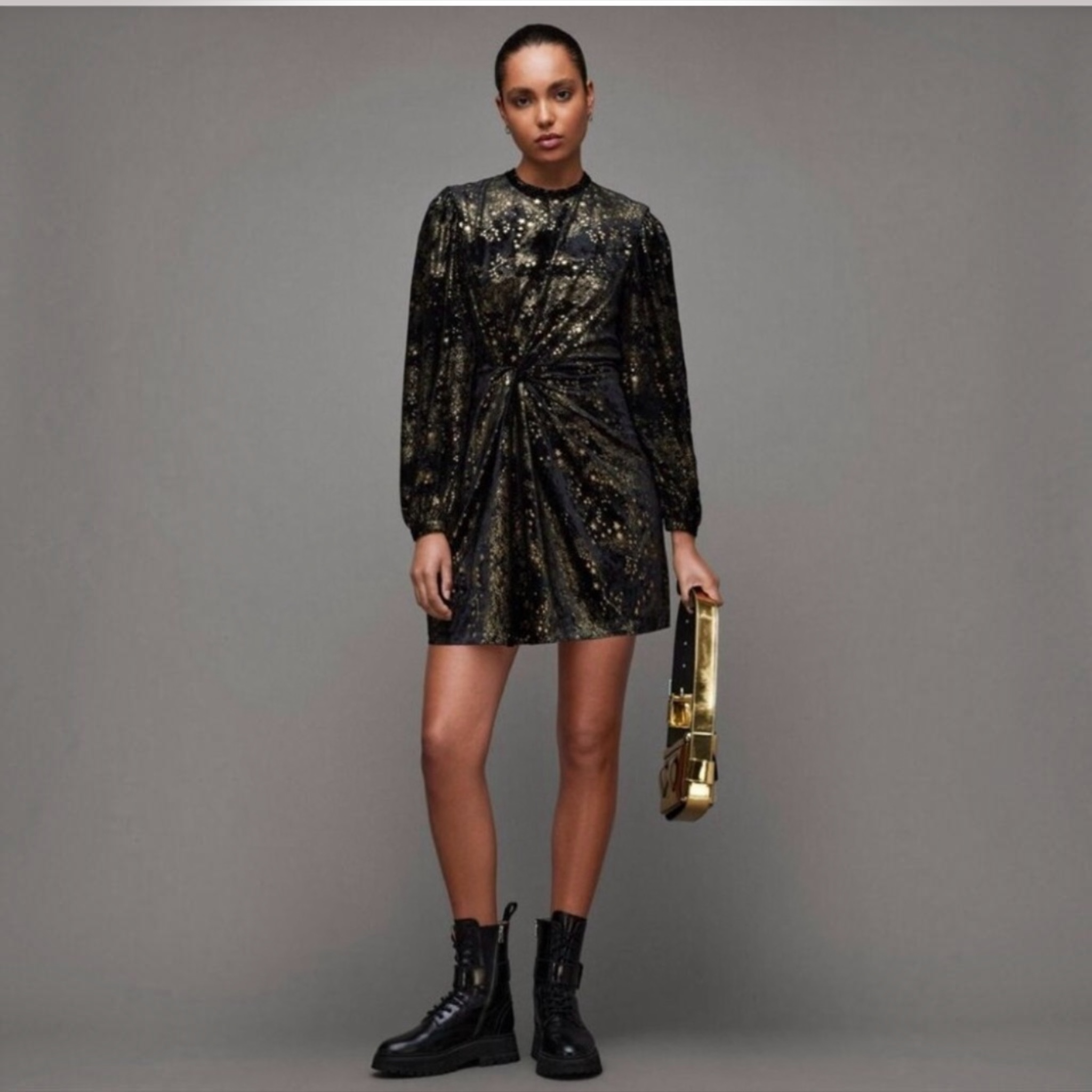 All Saints Jemima Star Dress Black Velvet Metallic Gold Printed Sz 10