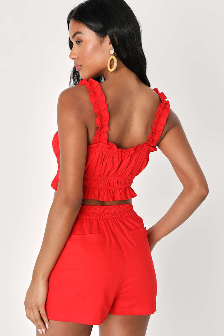 Lulus Hotter Temps Red Linen Ruffled Two-Piece Romper Set Medium