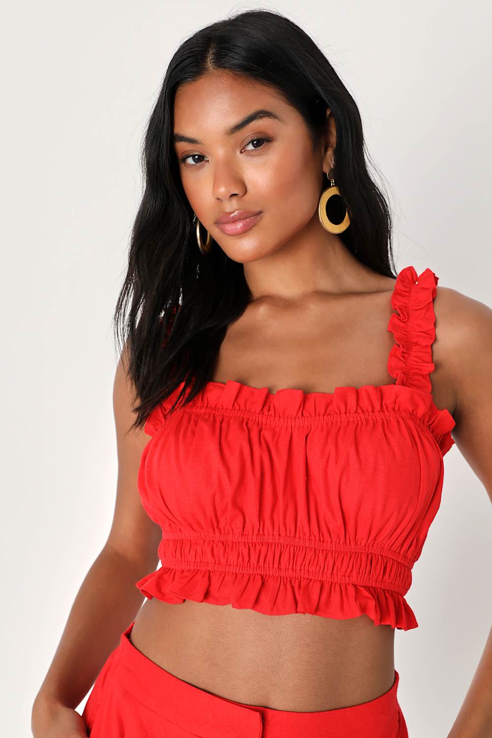 Lulus Hotter Temps Red Linen Ruffled Two-Piece Romper Set Medium