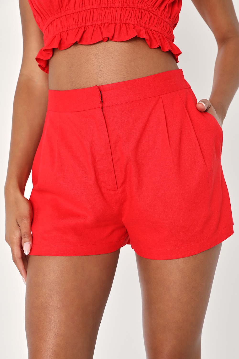 Lulus Hotter Temps Red Linen Ruffled Two-Piece Romper Set Medium