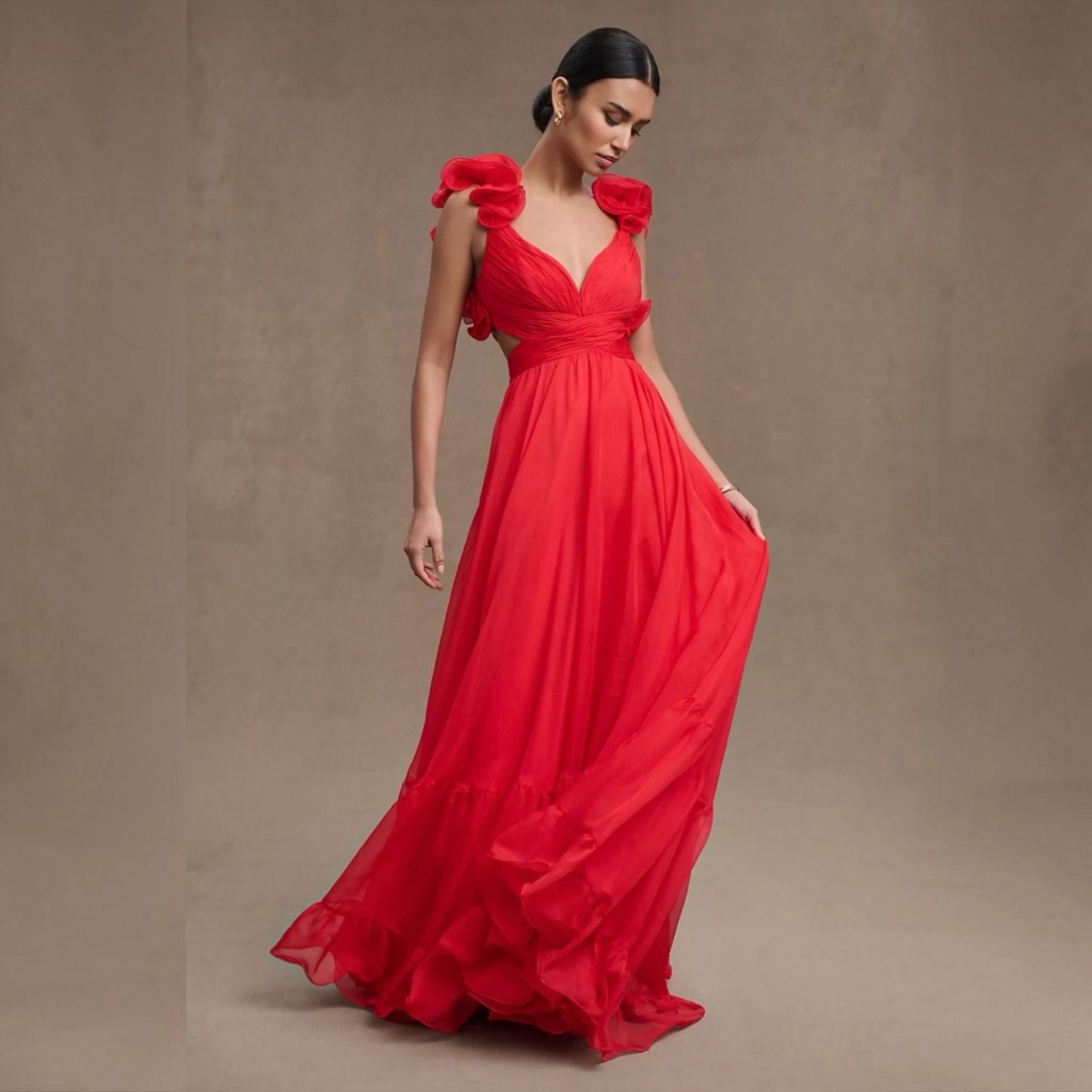 Mac Duggal 67911 Red Iconic Ruffle Tiered Cut-Out Chiffon Gown Size 2