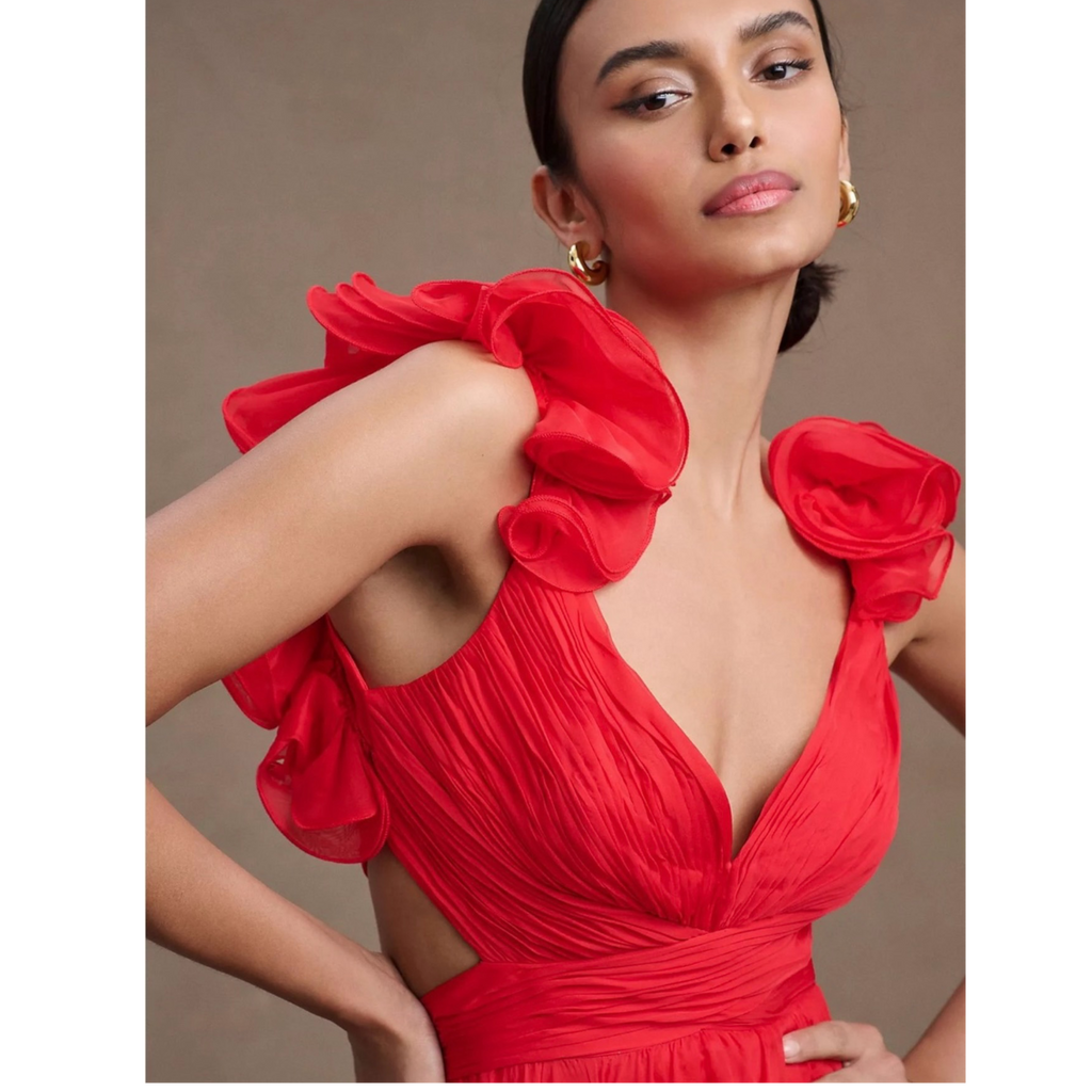 Mac Duggal 67911 Red Iconic Ruffle Tiered Cut-Out Chiffon Gown Size 2