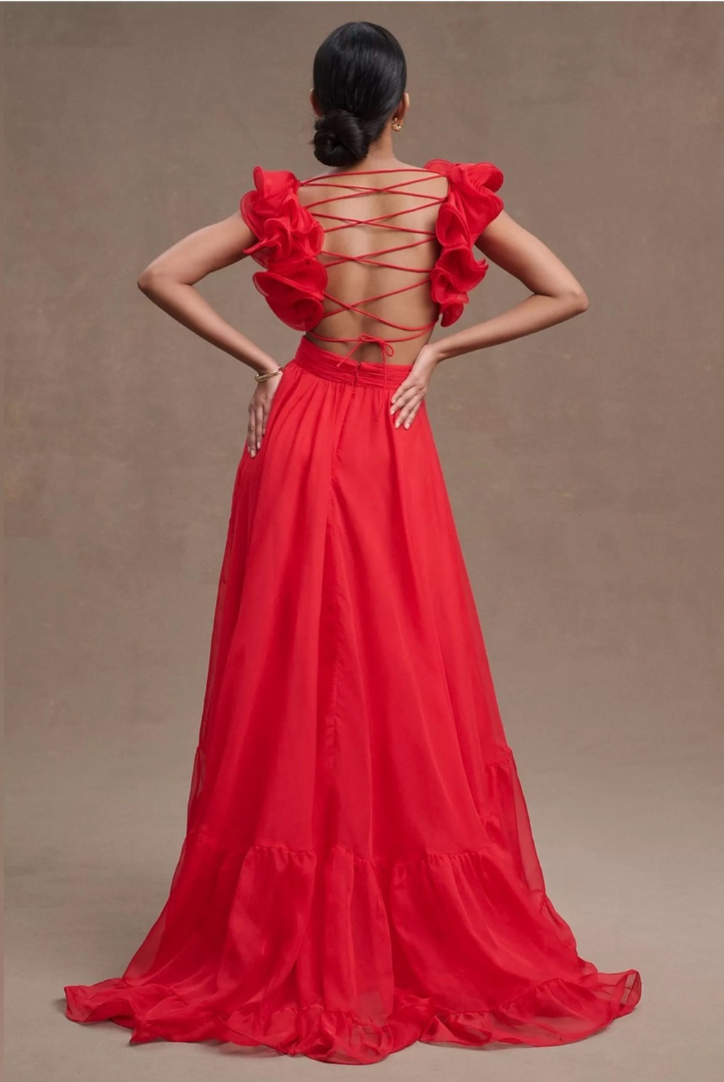 Mac Duggal 67911 Red Iconic Ruffle Tiered Cut-Out Chiffon Gown Size 2