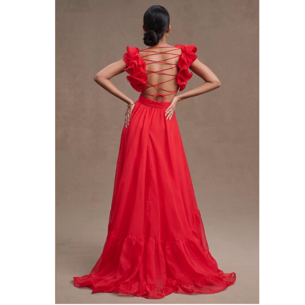 Mac Duggal 67911 Red Iconic Ruffle Tiered Cut-Out Chiffon Gown Size 2
