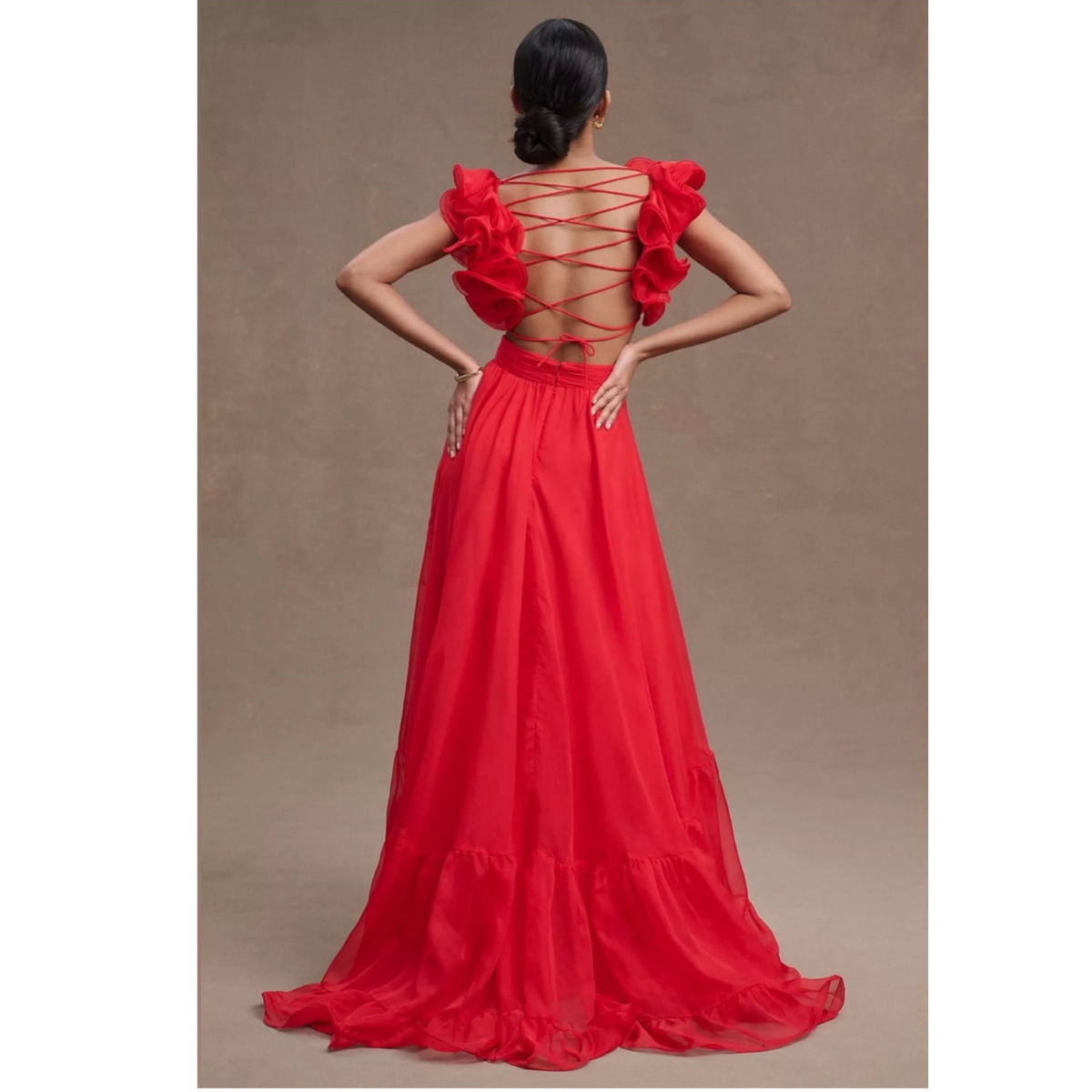 Mac Duggal 67911 Red Iconic Ruffle Tiered Cut-Out Chiffon Gown Size 2